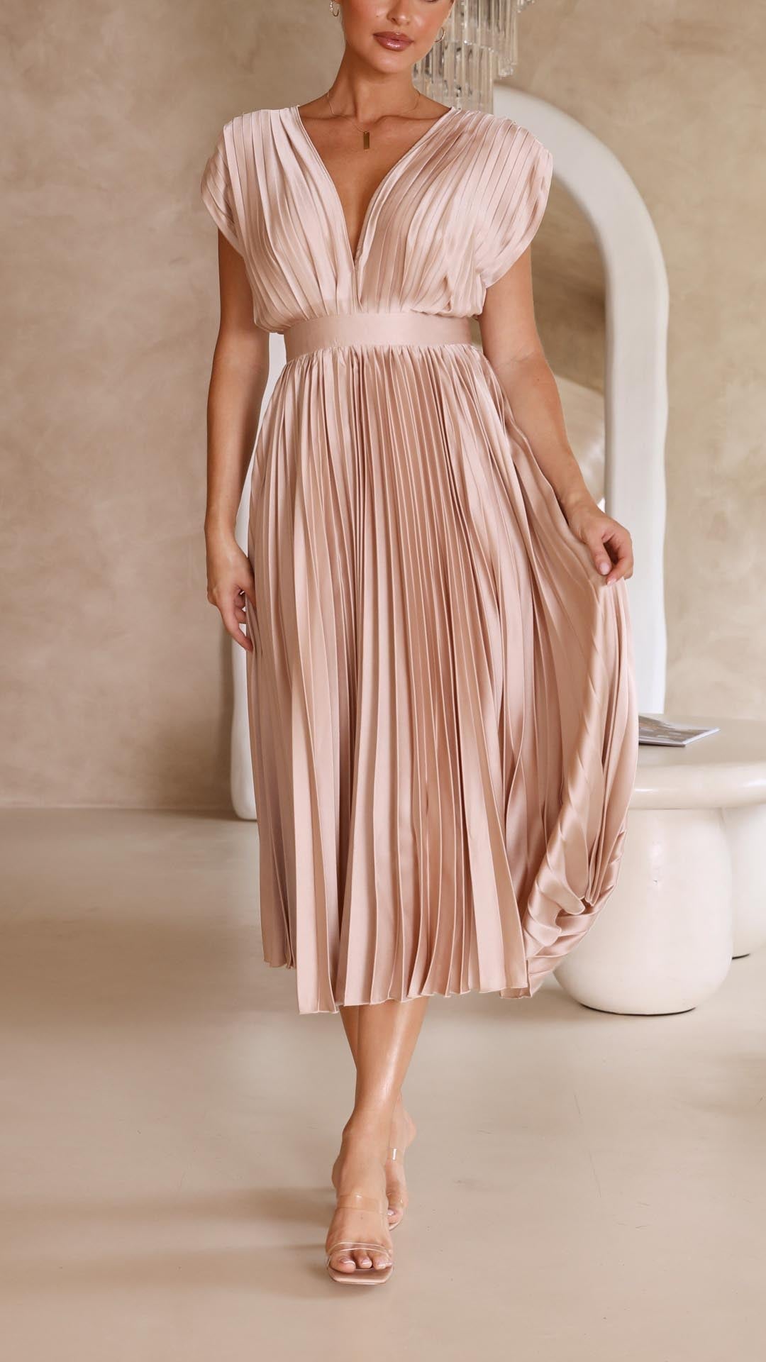 Formal women's pleated midi dress with V-neck, suitable for elegant party wear.