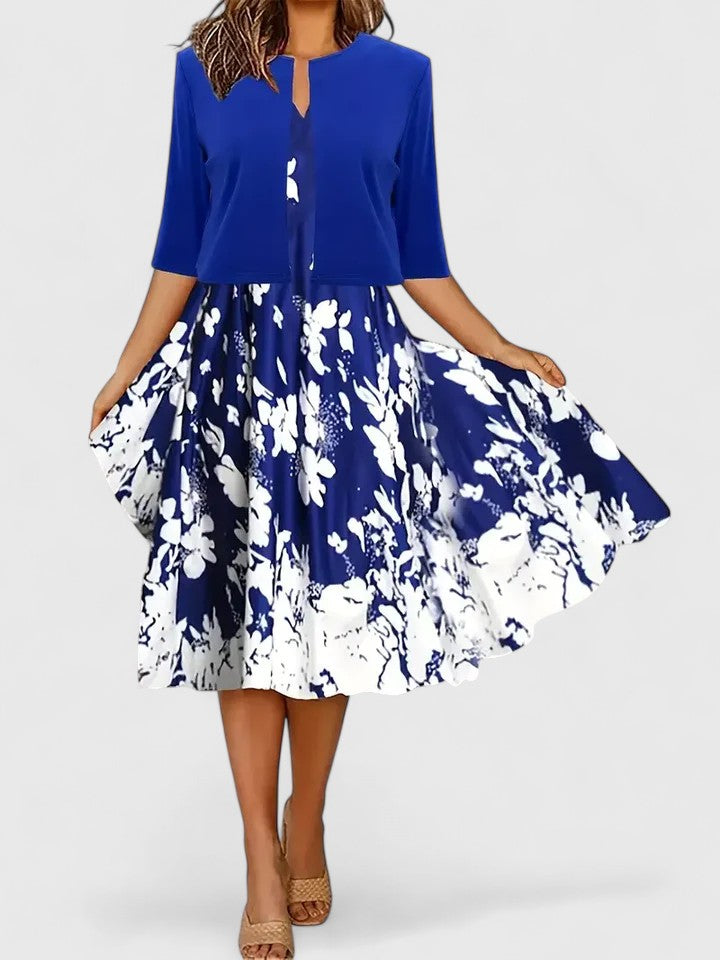 Women's elegant printed A-line midi dress with three-quarter sleeves, perfect for summer parties & occasions.