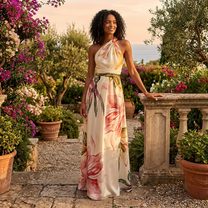 Women's elegant printed halter maxi dress with an asymmetric neckline, perfect for evening occasions.