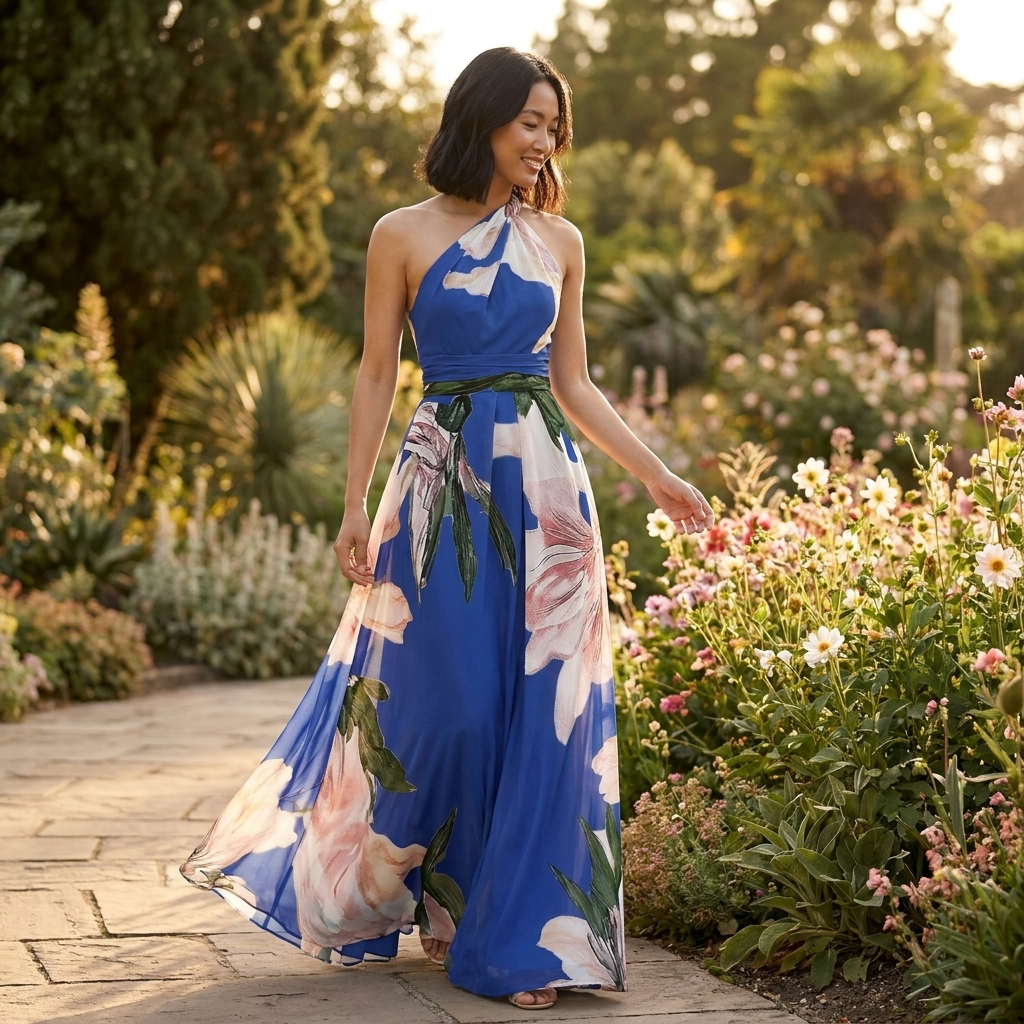 Flowy women's summer maxi dress featuring a vibrant print and stylish halter neck for parties.