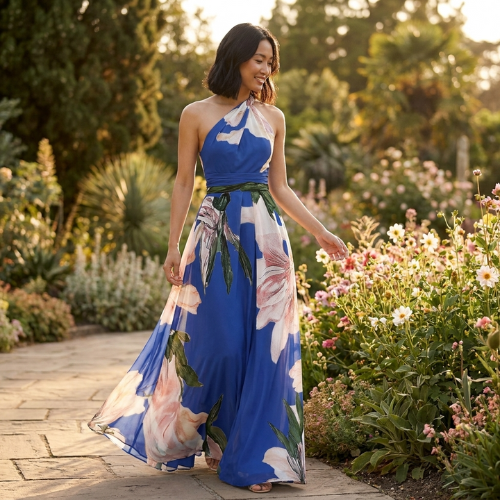 Flowy women's summer maxi dress featuring a vibrant print and stylish halter neck for parties.