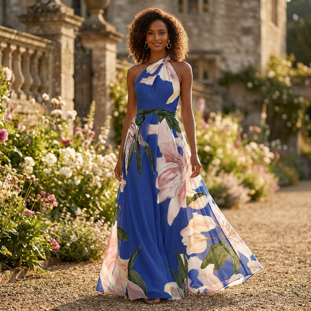 Women's long flowy printed maxi dress, a chic halter neck design for elegant evening wear.