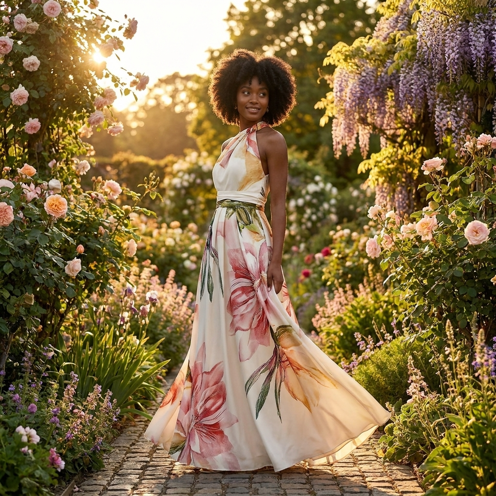Printed halter neck maxi dress for women, an elegant choice for parties and special occasions.
