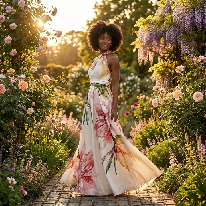 Printed halter neck maxi dress for women, an elegant choice for parties and special occasions.