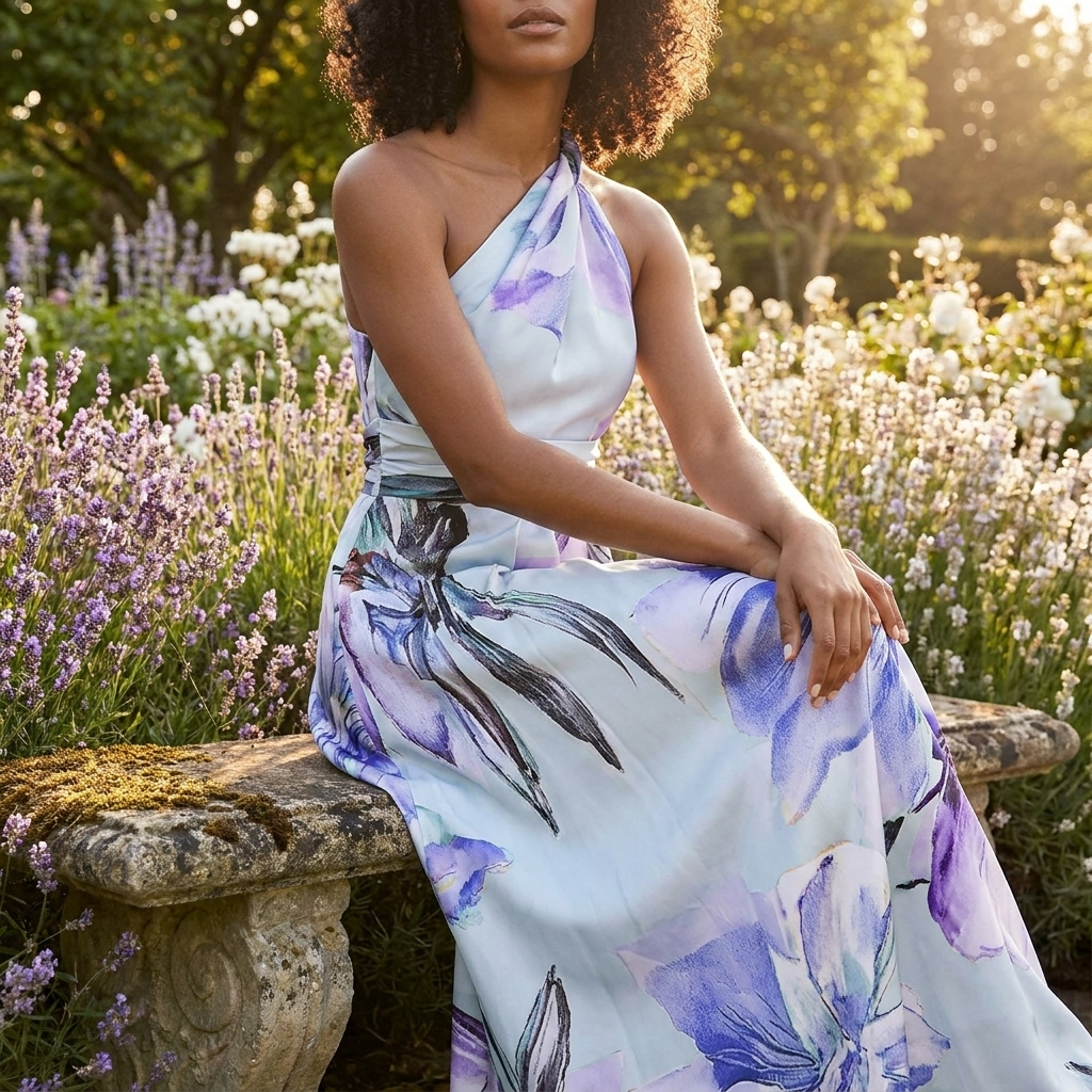 Women's elegant flowy maxi dress, featuring a unique print and flattering halter neckline for evenings.
