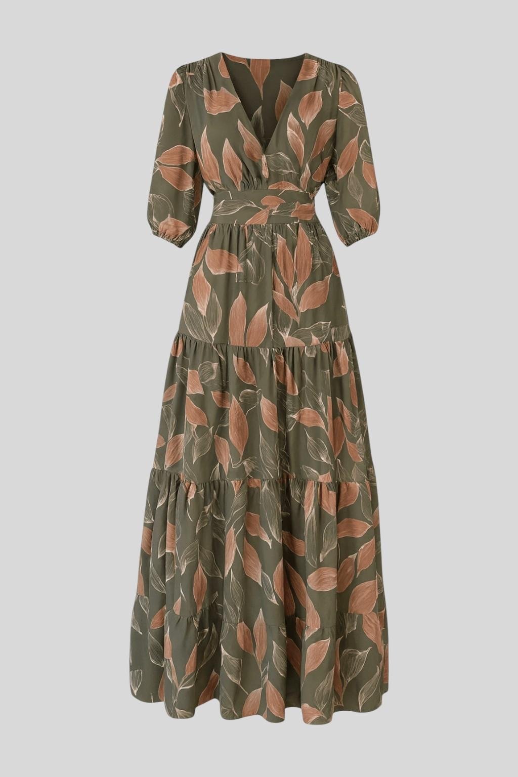 Chic women's V-neck maxi dress with a vibrant print and flowing silhouette, ideal for summer or autumn.