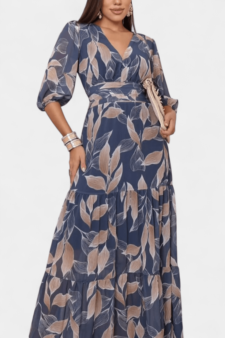 Elegant women's printed maxi dress, a long-sleeve V-neck style perfect for sophisticated summer or autumn wear.