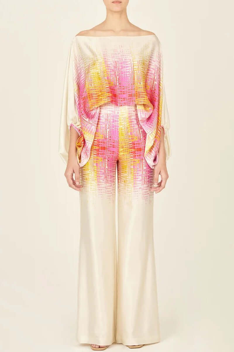 Elegant winter fashion women's printed off-shoulder long sleeve two-piece set.