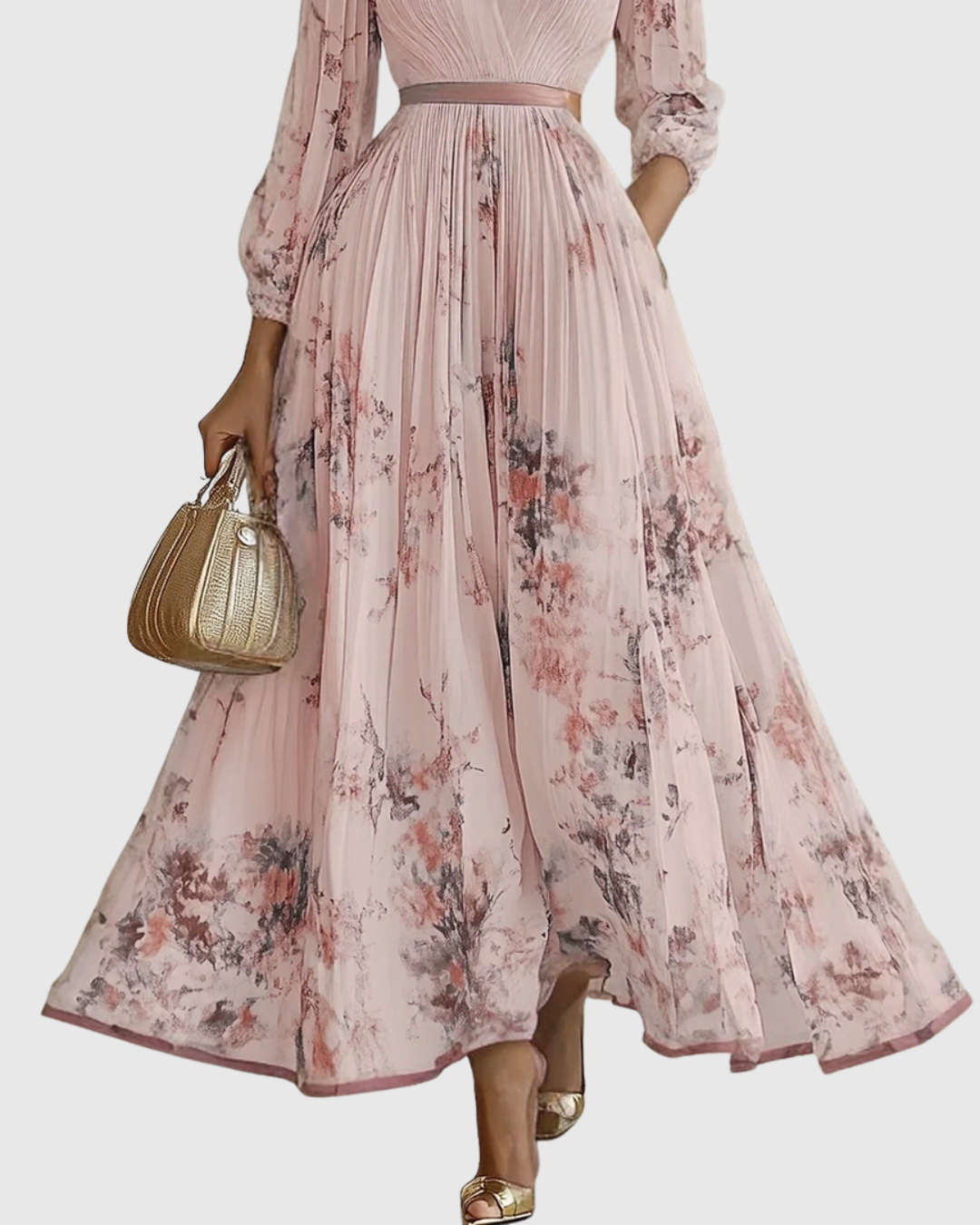 Women's deep V neck printed pleated maxi dress. A versatile evening gown for formal & special events.