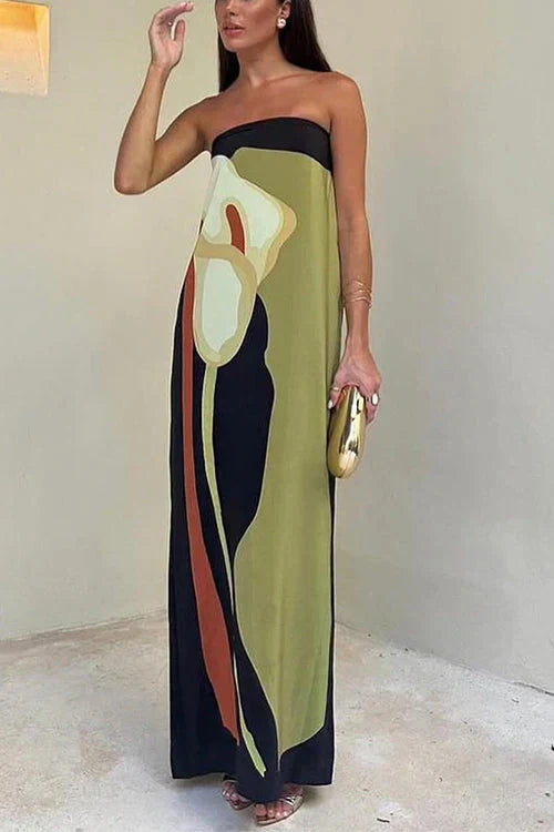 Elegant printed strapless maxi dress, a beautiful women's event dress with a flowy design, perfect for formal occasions.