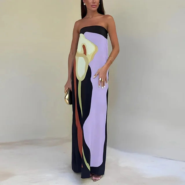 Women's elegant strapless maxi dress, ideal formal gown for wedding guests, featuring a chic print & flowy style.