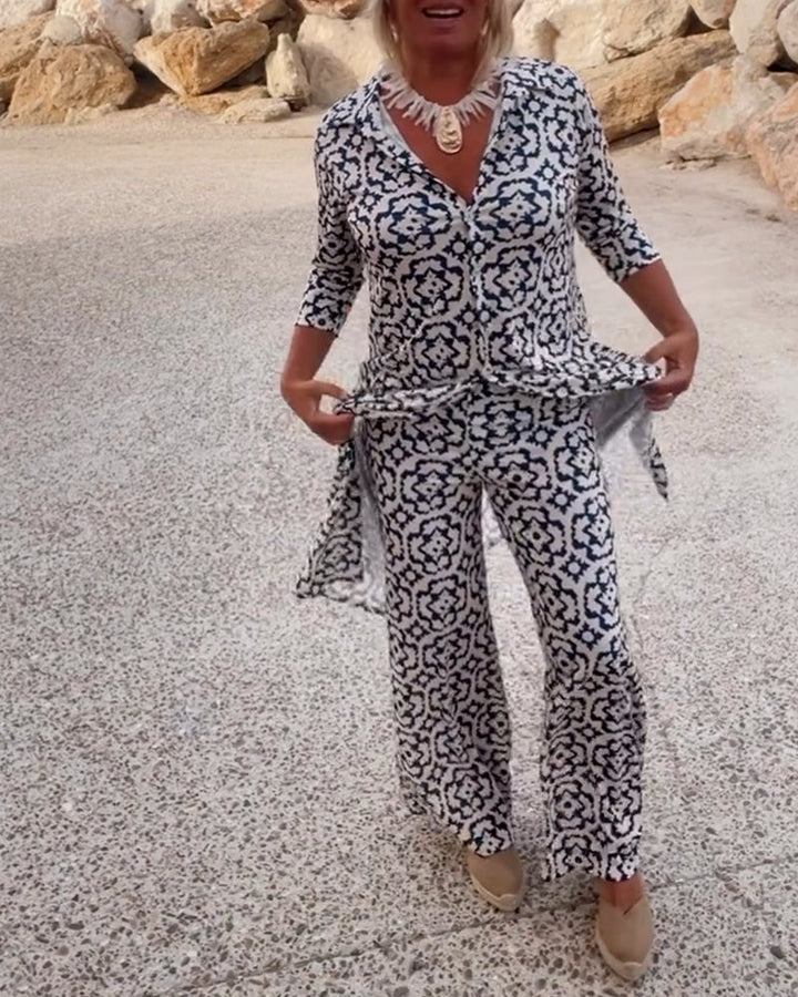 Elegant printed women's matching set, a comfortable blouse and pants combo for daily wear.