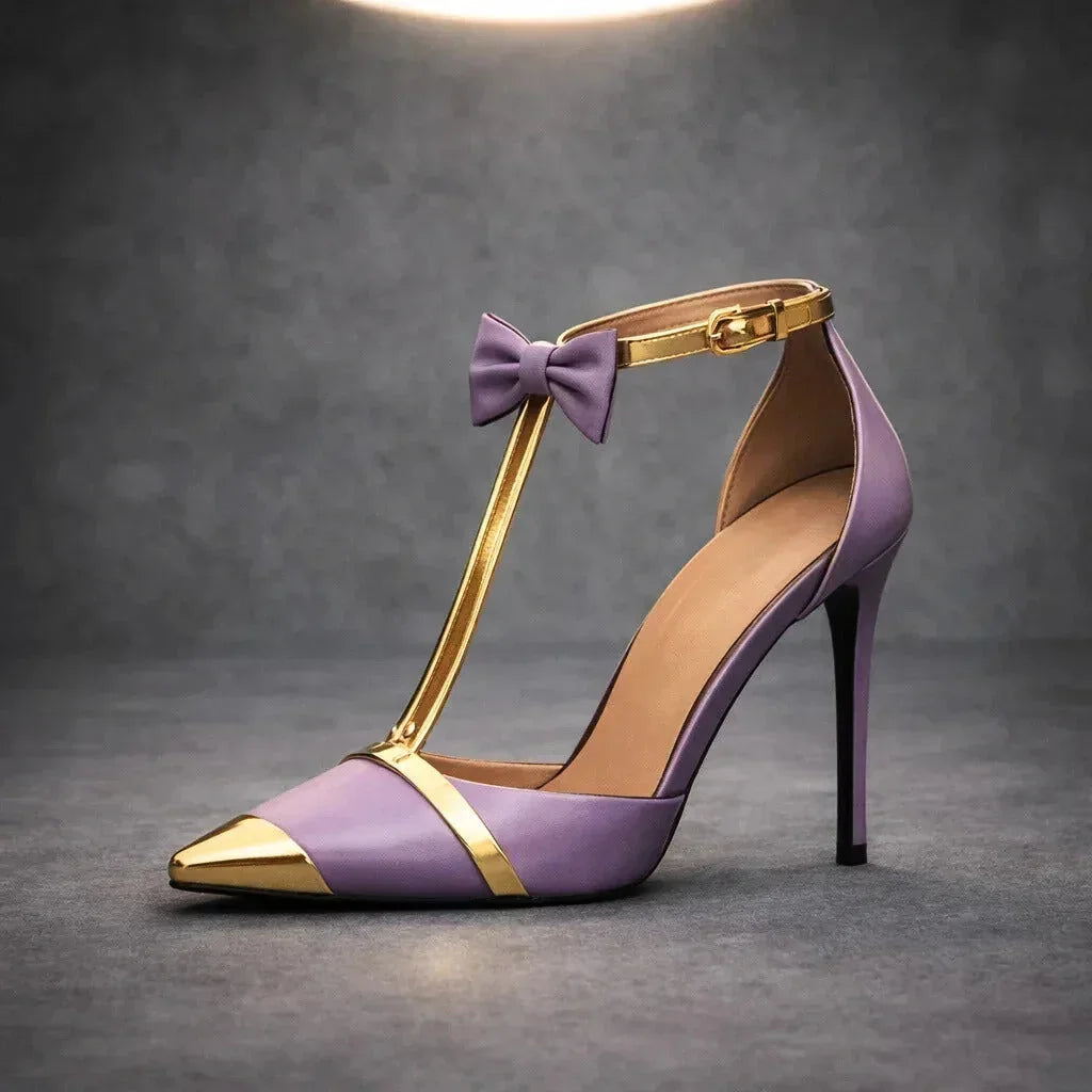 Sophisticated purple pointed-toe stilettos for women, featuring an elegant bow, ideal for evening parties.