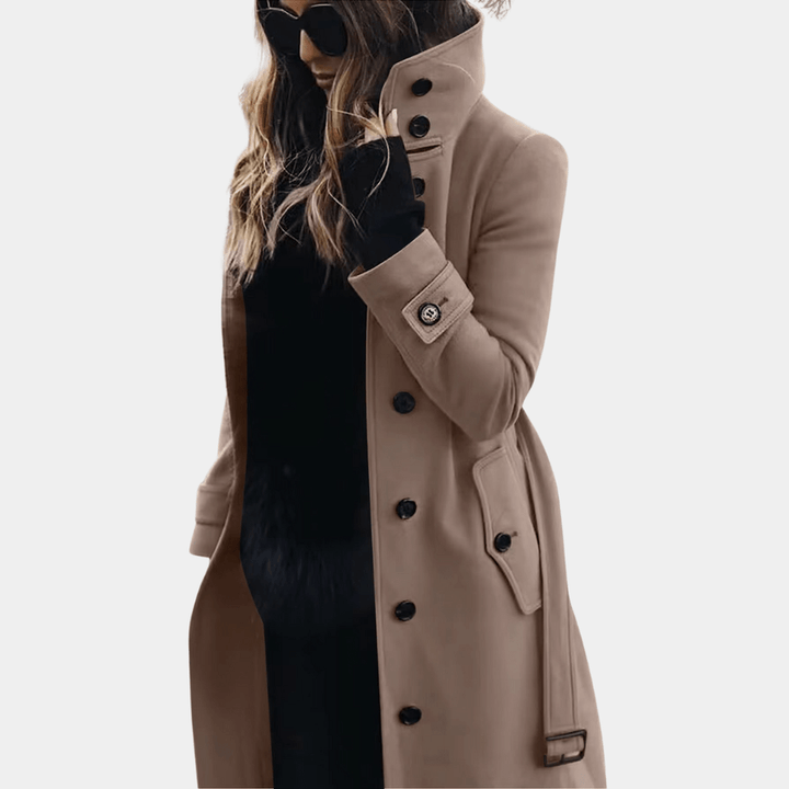 Women's elegant quilted trench coat, double-breasted, perfect for sophisticated fall & winter outerwear.