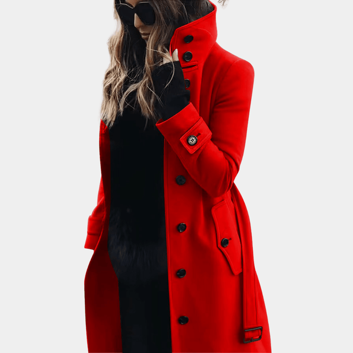 Timeless women's elegant trench coat with warm quilted lining, a classic double-breasted winter outerwear.