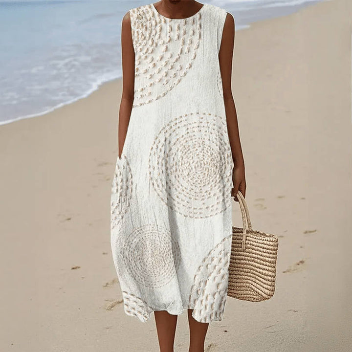 Women's elegant retro casual midi dress with pockets. Sleeveless printed summer dress for everyday comfort and style.