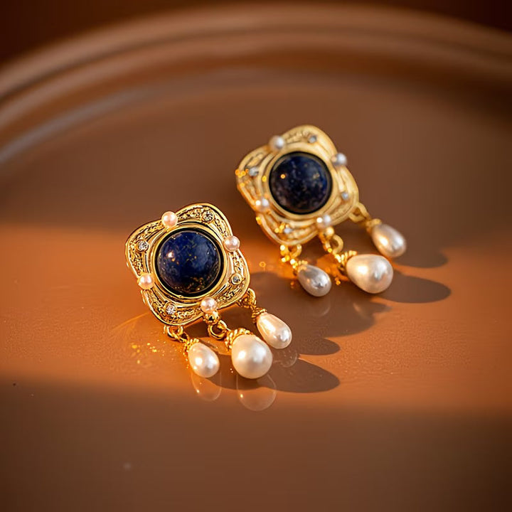 Dazzling women's royal blue pearl chandelier earrings, sophisticated accessory for her.