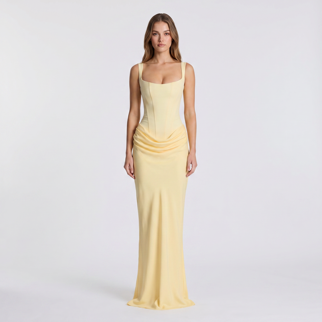 Elegant women's ruched scoop neck maxi dress, comfortable and stylish for summer, formal, or casual wear.