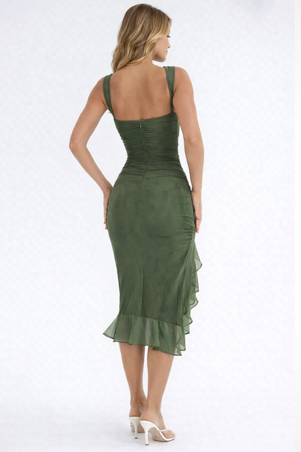 Stunning sleeveless midi dress with ruched detailing, ideal for cocktail parties.