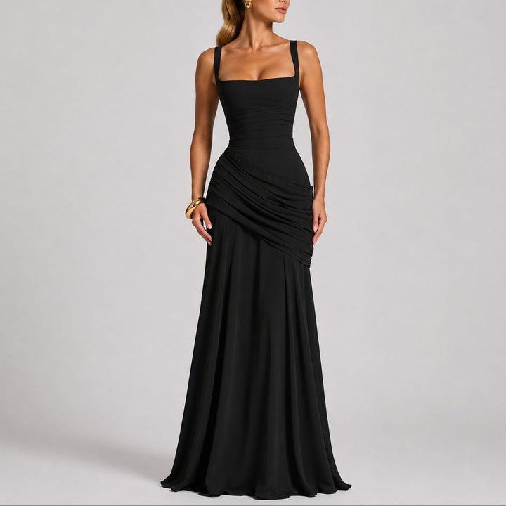 Women's elegant ruched square-neck maxi dress, perfect for fall weddings, galas, and formal evening events.