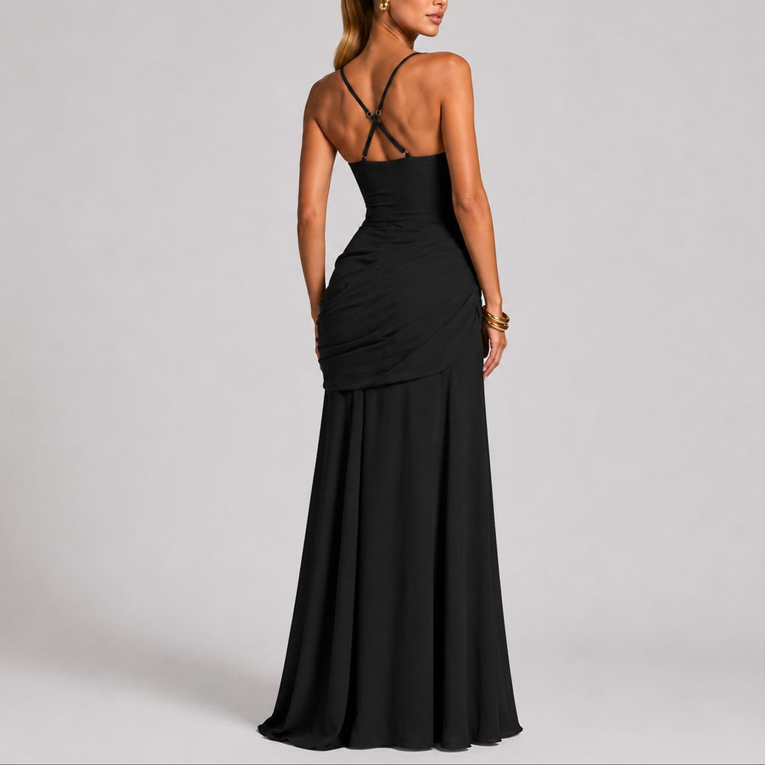 Chic women's ruched square-neck maxi gown, a graceful formal dress ideal for fall wedding guests & special occasions.