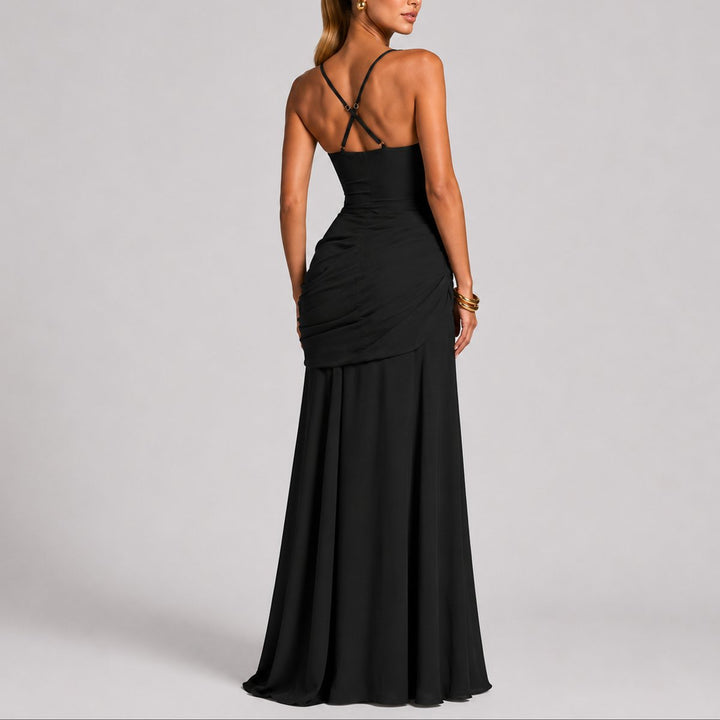 Chic women's ruched square-neck maxi gown, a graceful formal dress ideal for fall wedding guests & special occasions.