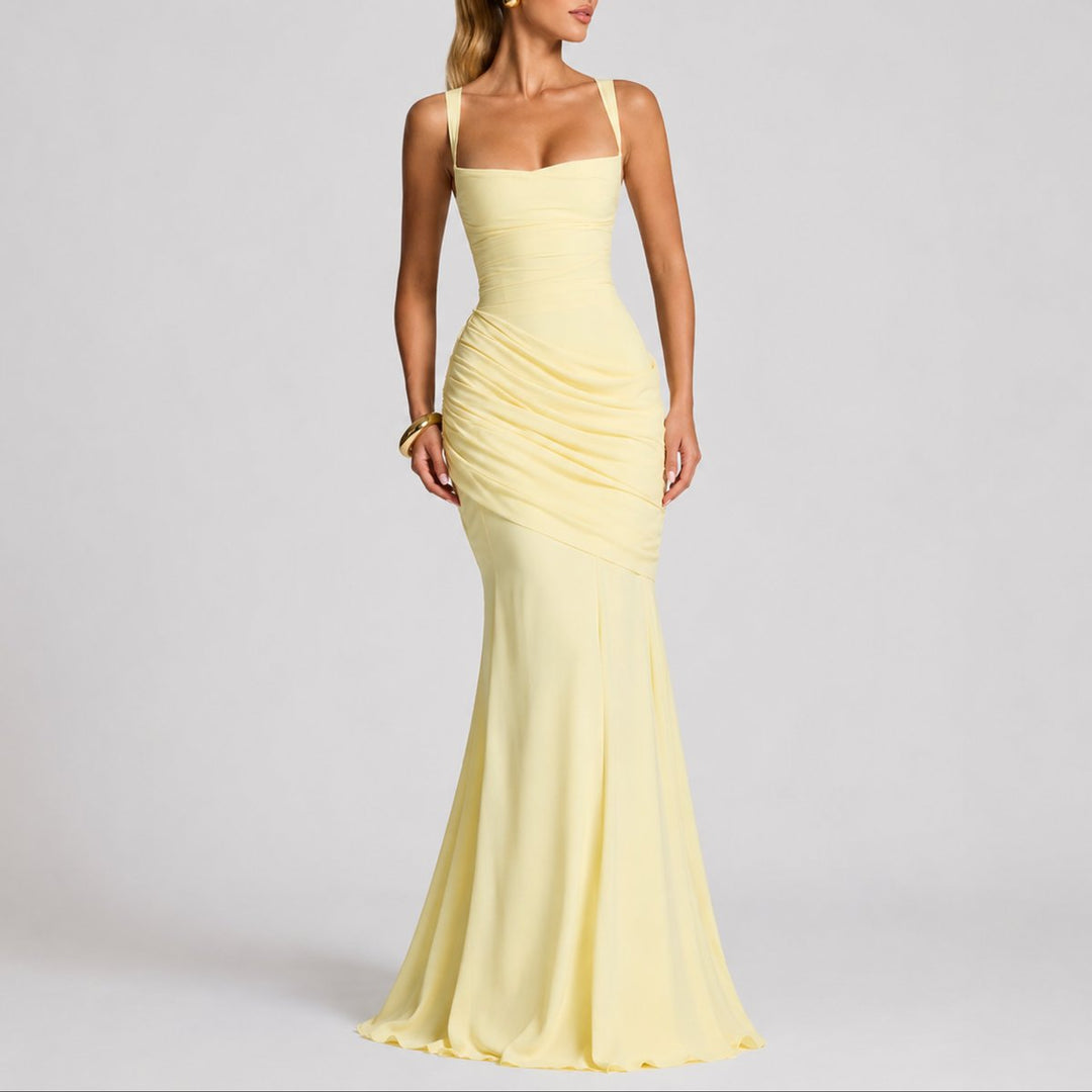 Stunning ruched square-neck maxi dress for women, an exquisite formal evening gown for fall galas & elegant events.