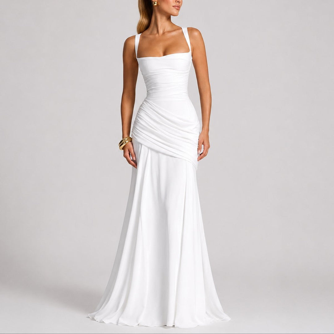 Formal women's ruched square-neck maxi gown, a sophisticated special occasion dress suitable for fall weddings.