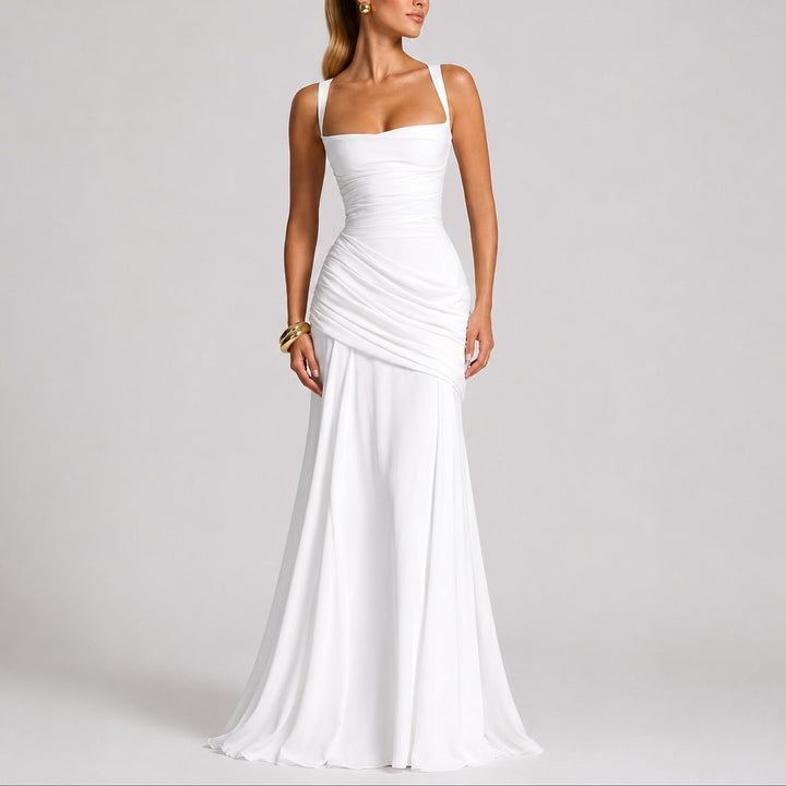 Formal women's ruched square-neck maxi gown, a sophisticated special occasion dress suitable for fall weddings.