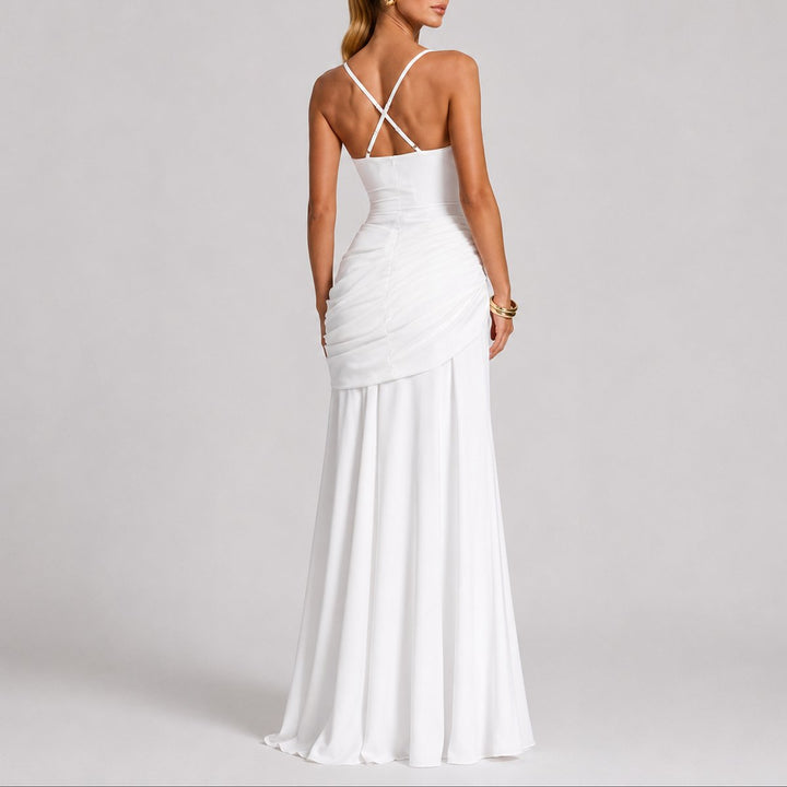 Stylish women's square-neck ruched maxi dress, a flattering evening gown designed for fall galas & formal events.