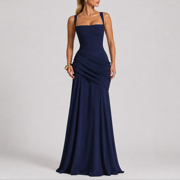 Versatile women's ruched square-neck maxi dress, a beautiful fall formal wear option for weddings & evening parties.