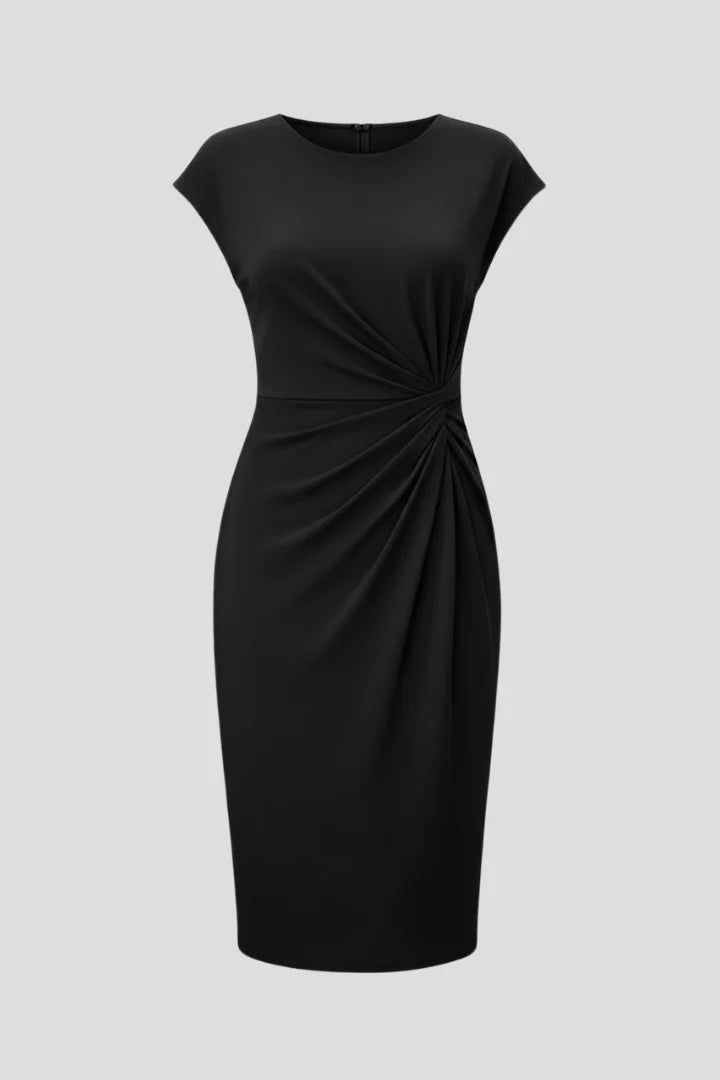 Women's elegant ruched waist cap sleeve midi dress, perfect for versatile all-season fashion.
