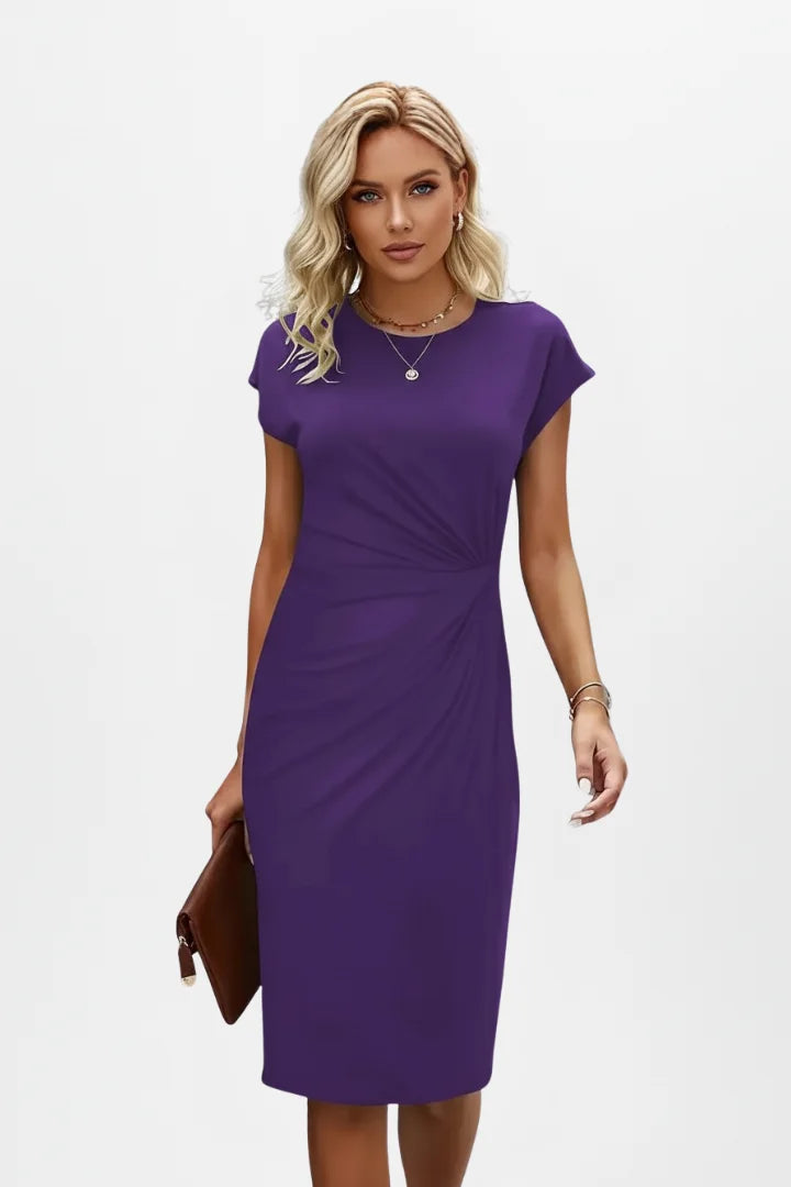 Chic black ruched waist midi dress for women. Cap sleeves & comfortable fit make it ideal for any occasion.