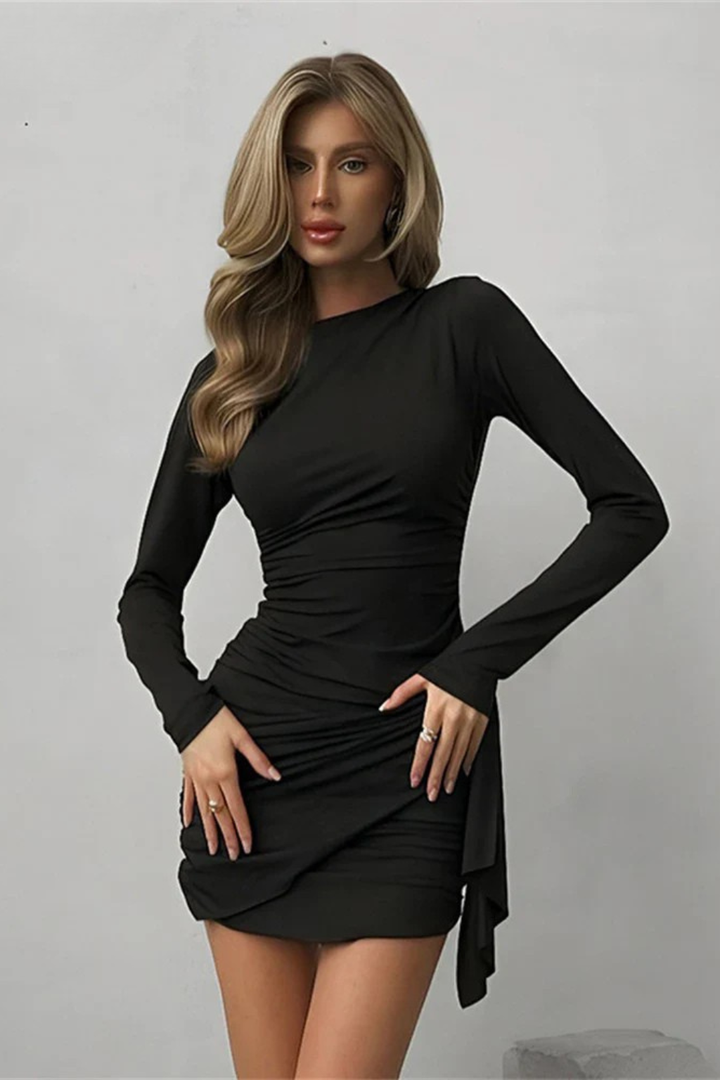 Fashionable women's mini wrap dress with ruched details, great for summer events & formal parties.