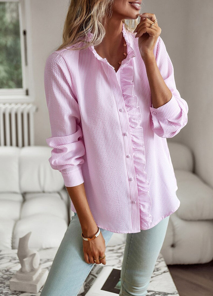 Stylish women's long sleeve ruffle blouse, a versatile top offering an elegant & feminine look.