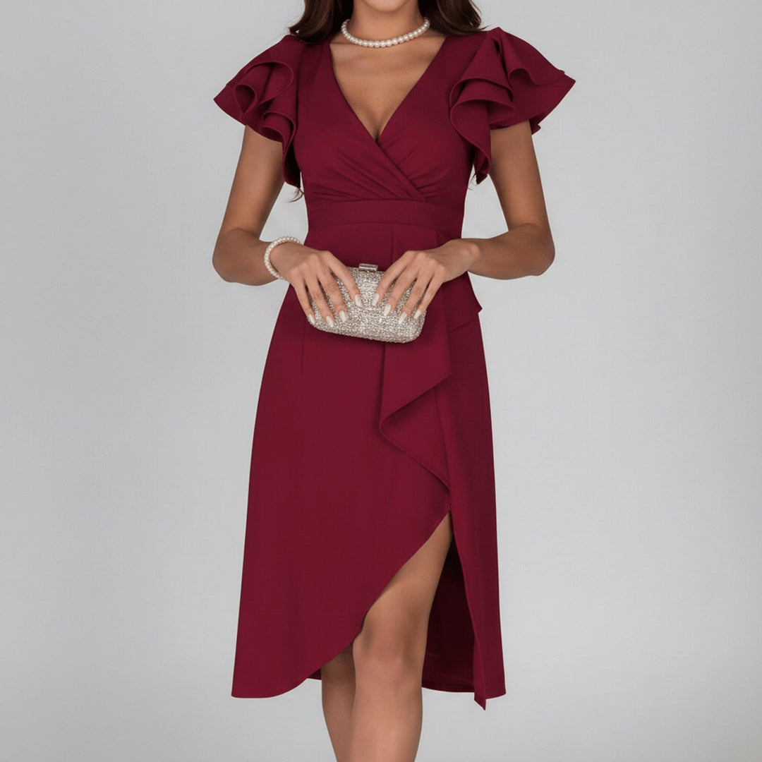 Modern women's wrap midi dress, V-neck, ruffle sleeves, perfect for summer weddings & formal events.