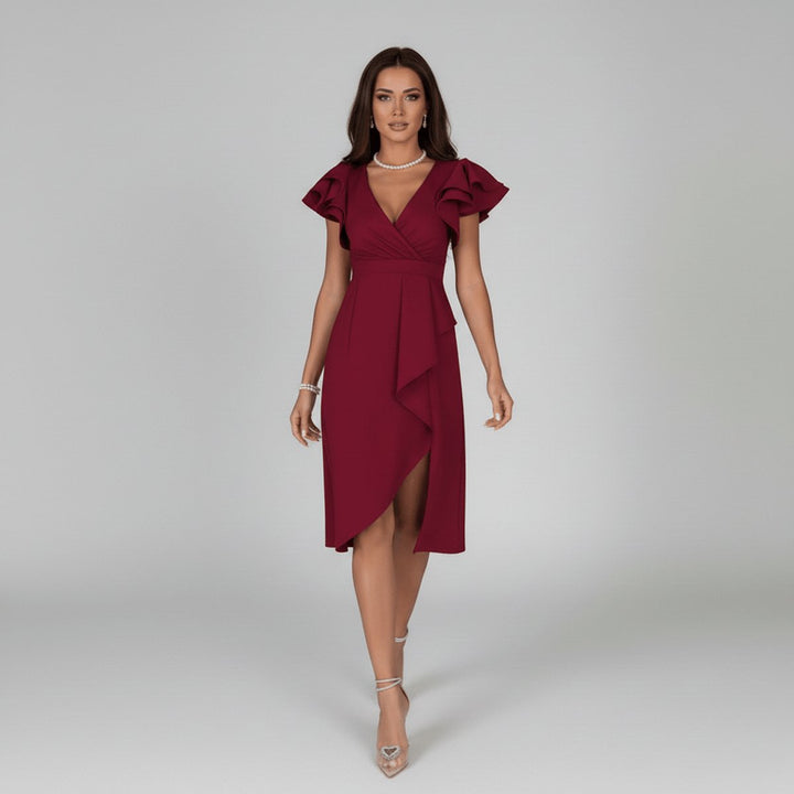 Classy women's V-neck wrap midi dress with elegant ruffle sleeves, a staple for wedding guests.