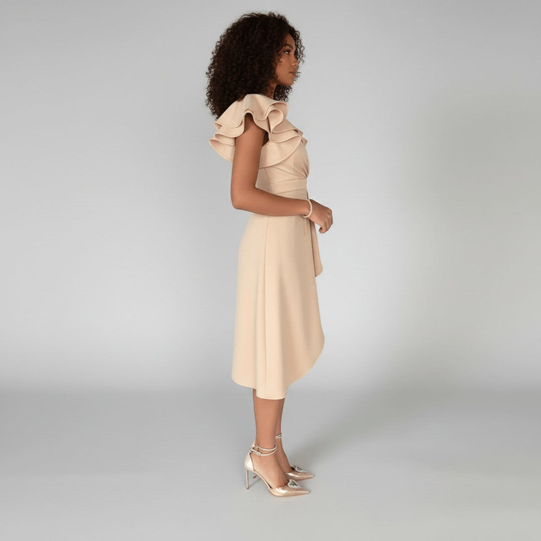 Chic women's V-neck wrap midi dress with delicate ruffle sleeves, ideal for wedding guests.
