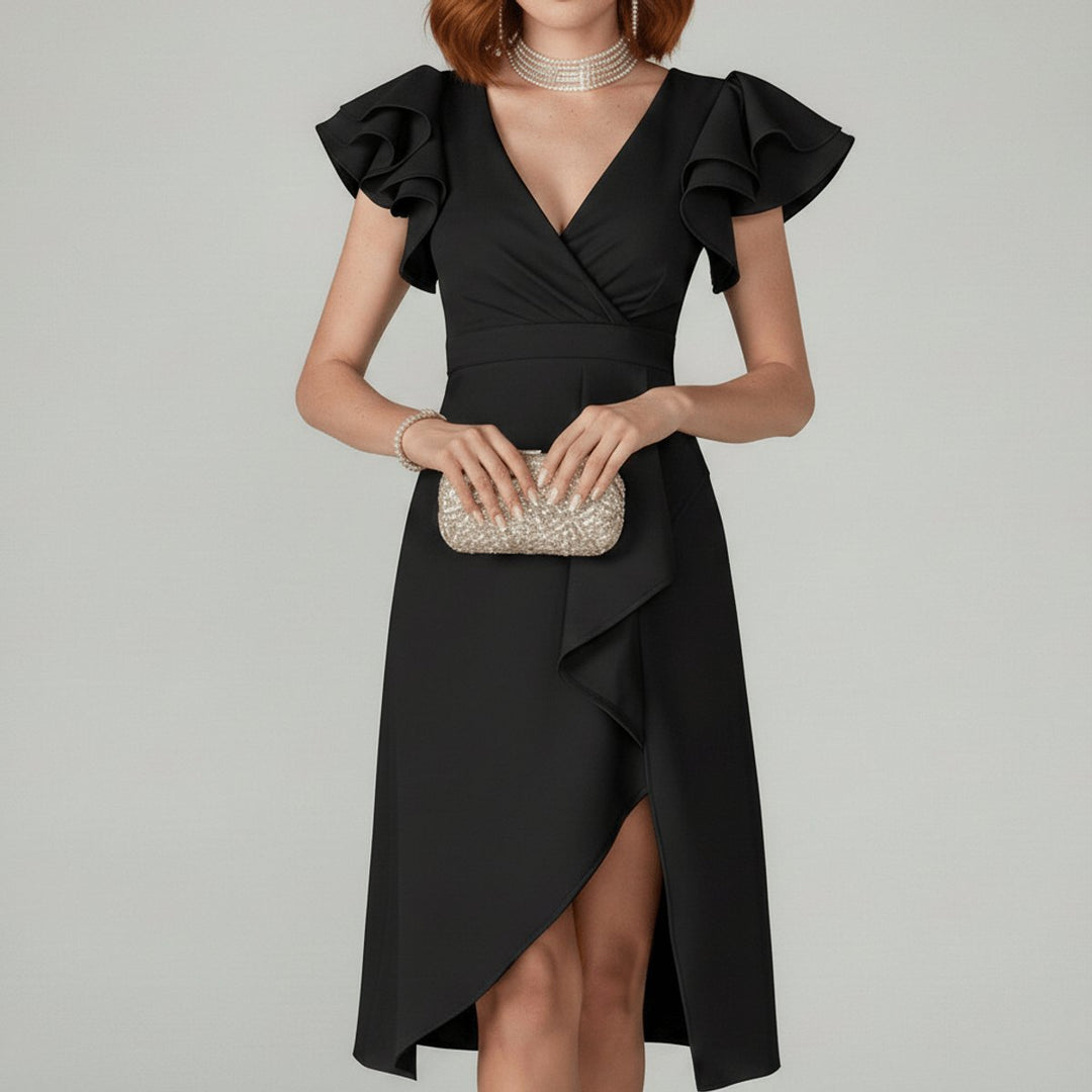 Formal women's occasion dress: V-neck, ruffle sleeves, wrap midi length, elegant for guests.