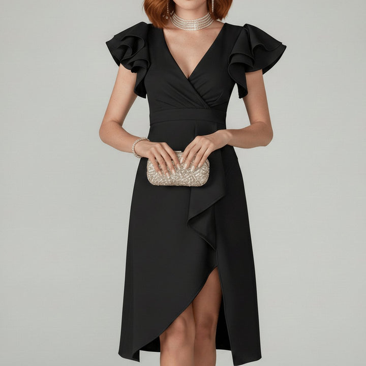 Formal women's occasion dress: V-neck, ruffle sleeves, wrap midi length, elegant for guests.