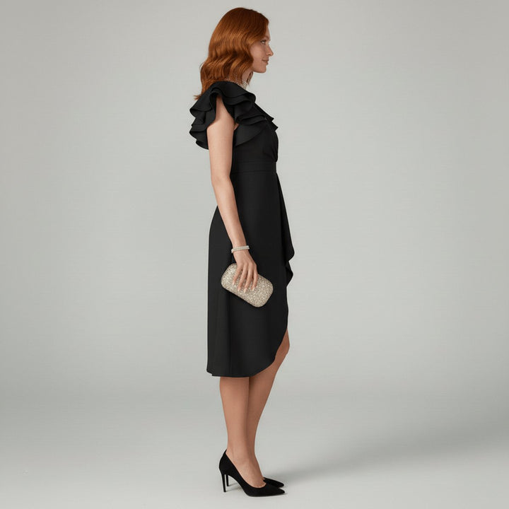 Elegant women's party midi dress featuring a V-neck, playful ruffle sleeves, and flattering wrap fit.