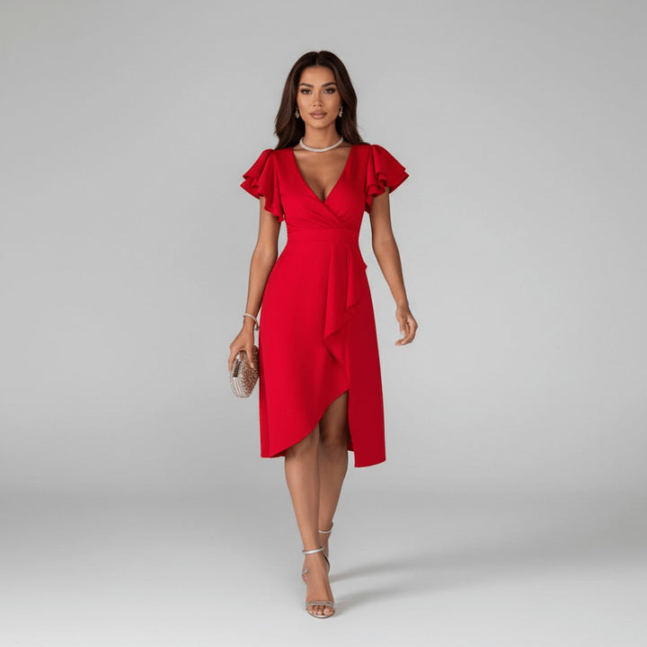 Sophisticated women's wedding guest attire: V-neck, ruffle sleeve wrap midi dress with asymmetric hem.
