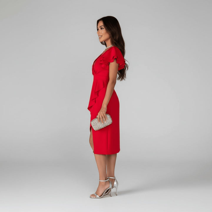 Women's formal wrap midi dress with V-neck and pretty ruffle sleeves, ideal for special occasions.