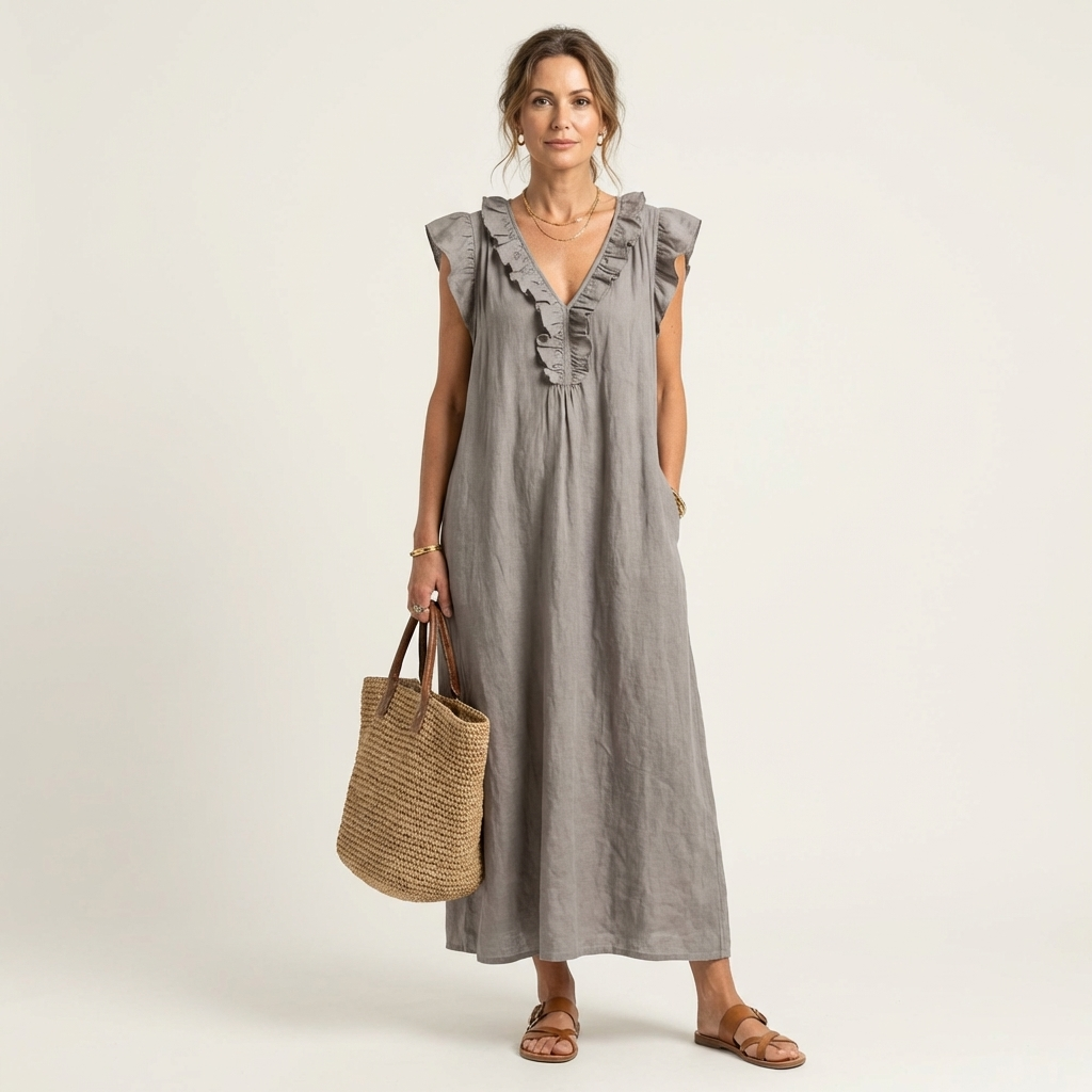 Women's elegant ruffle V-neck maxi dress, perfect for summer days.