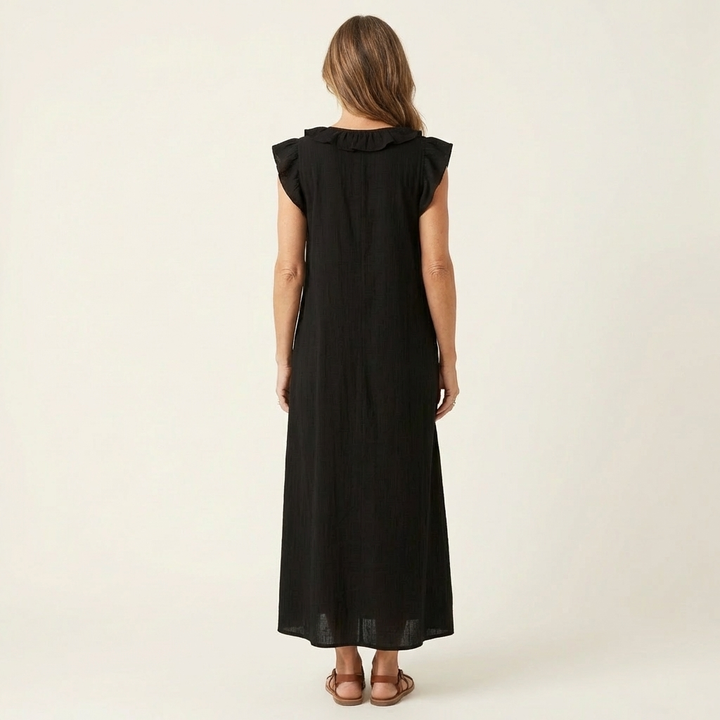 Long elegant dress for women, with a V-neck and beautiful ruffle accents.