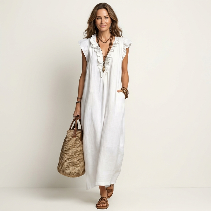 Comfortable and stylish women's ruffle V-neck maxi dress, great for any occasion.