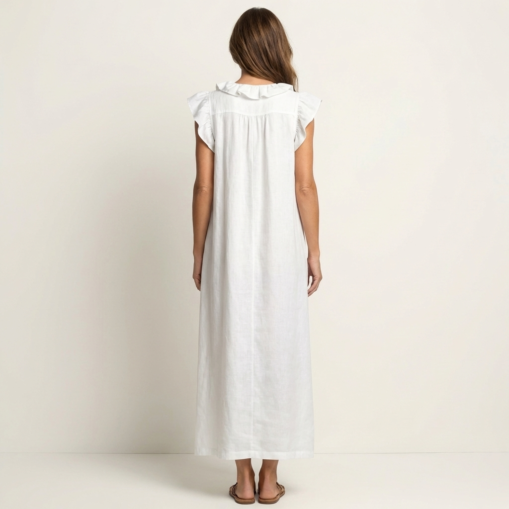 Feminine flowing maxi dress with an elegant V-neck and charming ruffles.