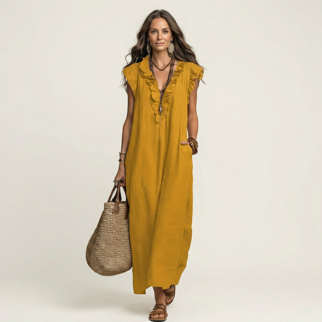 Women's summer fashion: Ruffle V-neck long dress, a timeless and elegant choice.