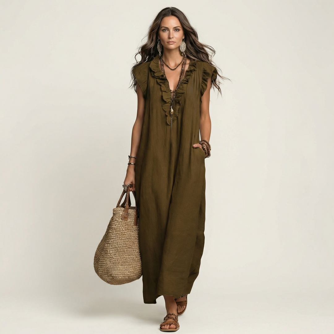 Elegant women's day dress, featuring a flattering V-neck and delicate ruffles.