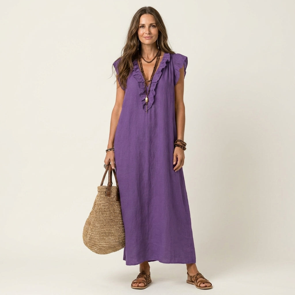 Ladies' casual elegant ruffle V-neck maxi dress, perfect for warm weather.